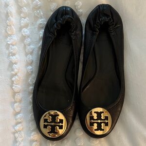 Tory Burch Minnie Travel Black Flats with Gold Emblem